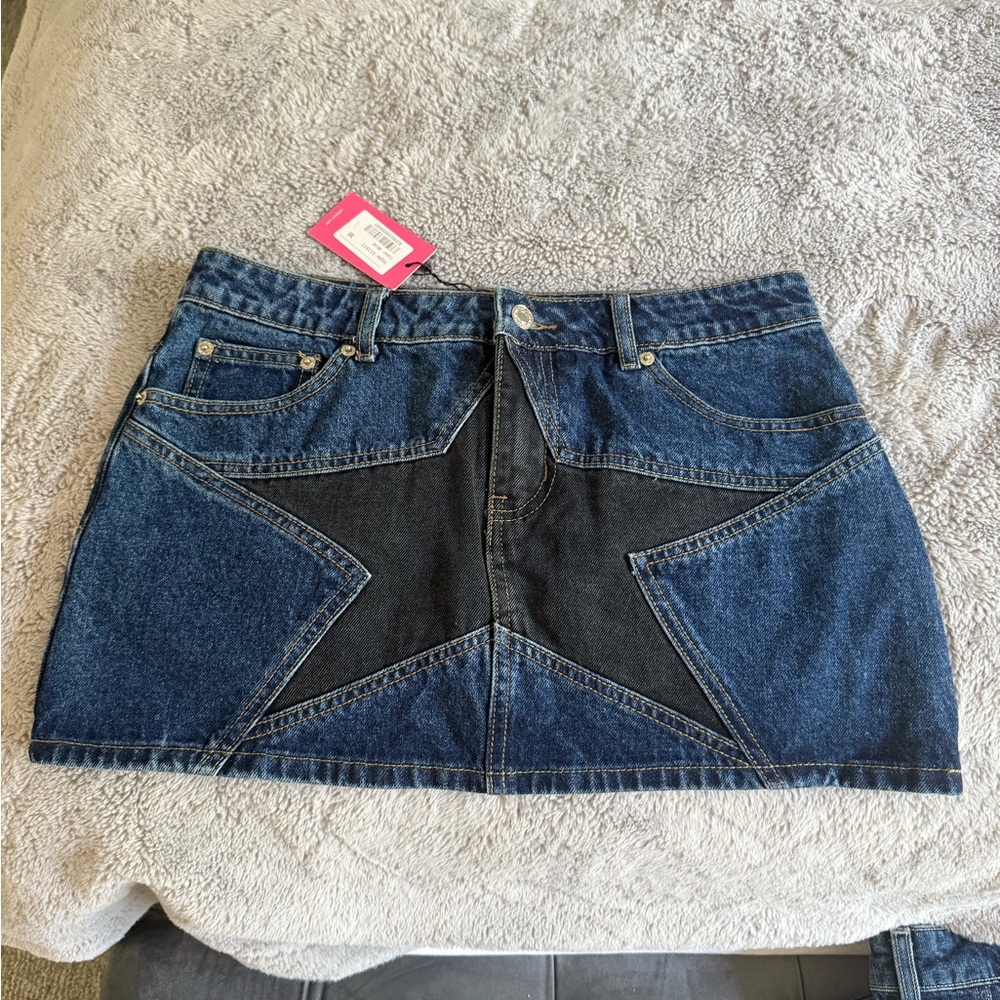 Edikted Blue and Black Mini Skirt with Star Design